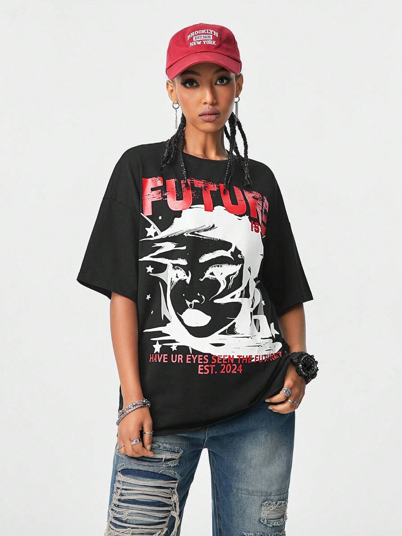 Hip-Hop Oversized Drop Shoulder Blurred Portrait Graphic Print T-Shirt