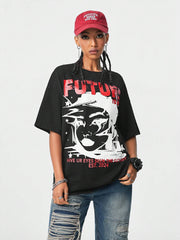 Hip-Hop Oversized Drop Shoulder Blurred Portrait Graphic Print T-Shirt