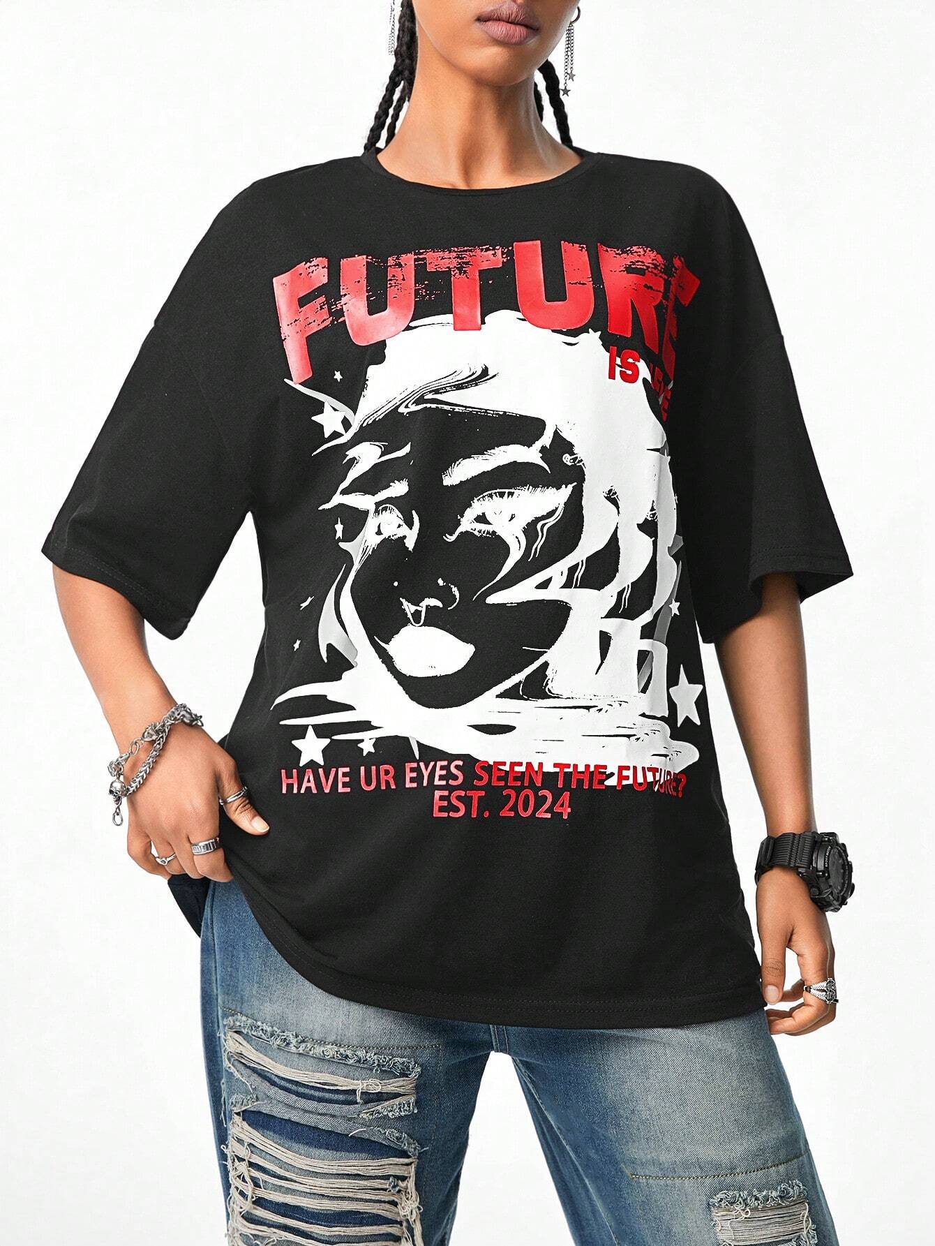 Hip-Hop Oversized Drop Shoulder Blurred Portrait Graphic Print T-Shirt