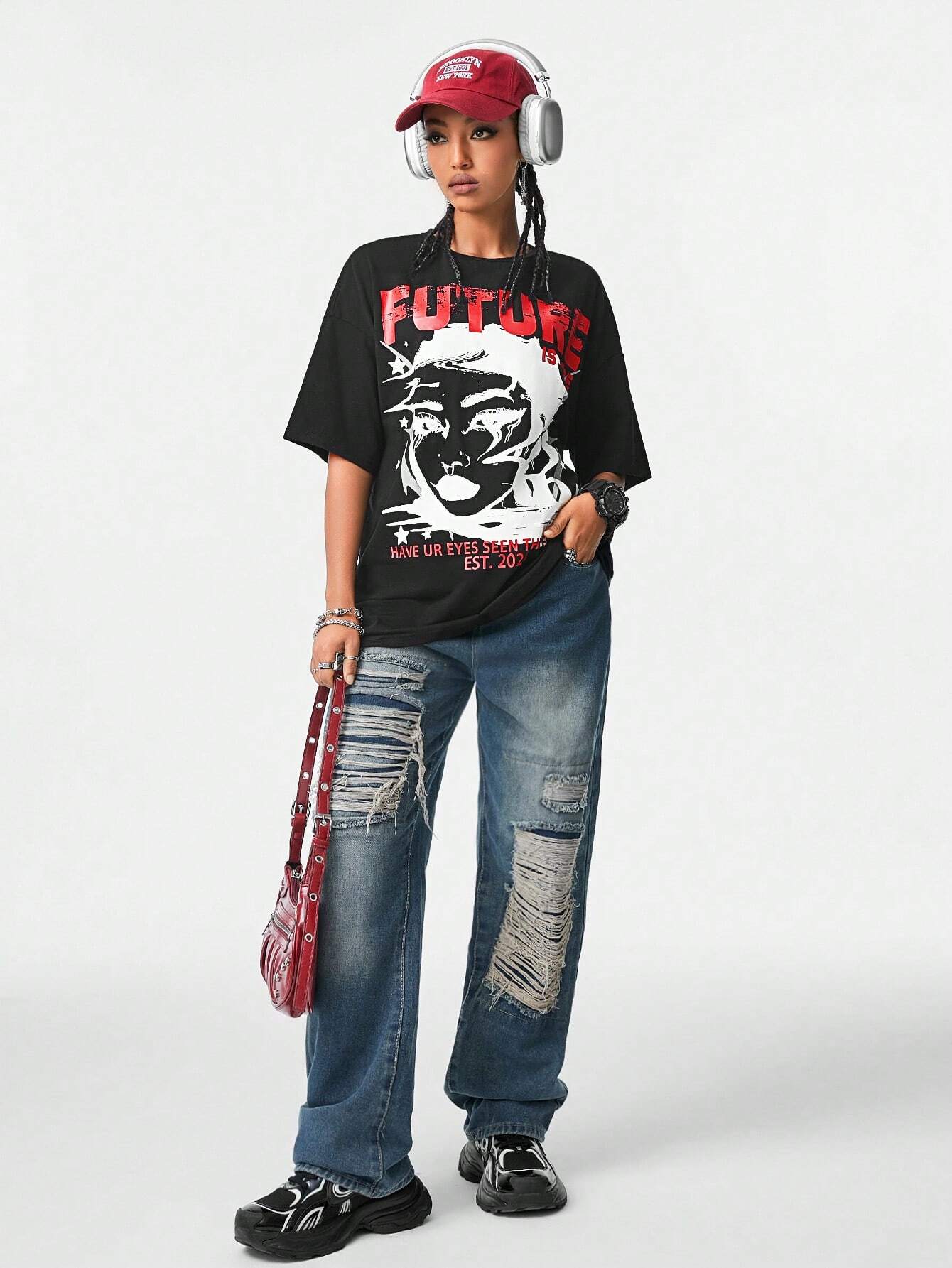 Hip-Hop Oversized Drop Shoulder Blurred Portrait Graphic Print T-Shirt