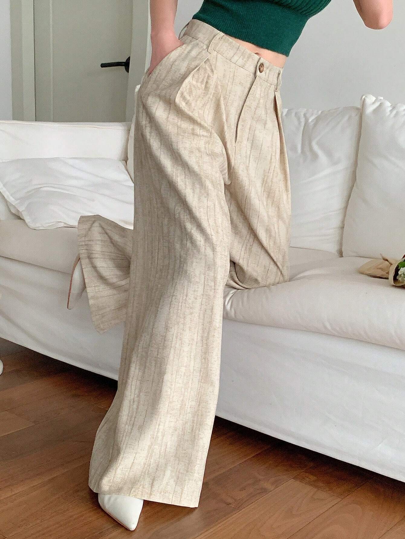Wide Leg Pleated Straight Trousers