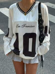 Letter & Camouflage Print V-Neck Long Sleeve Casual T-Shirt