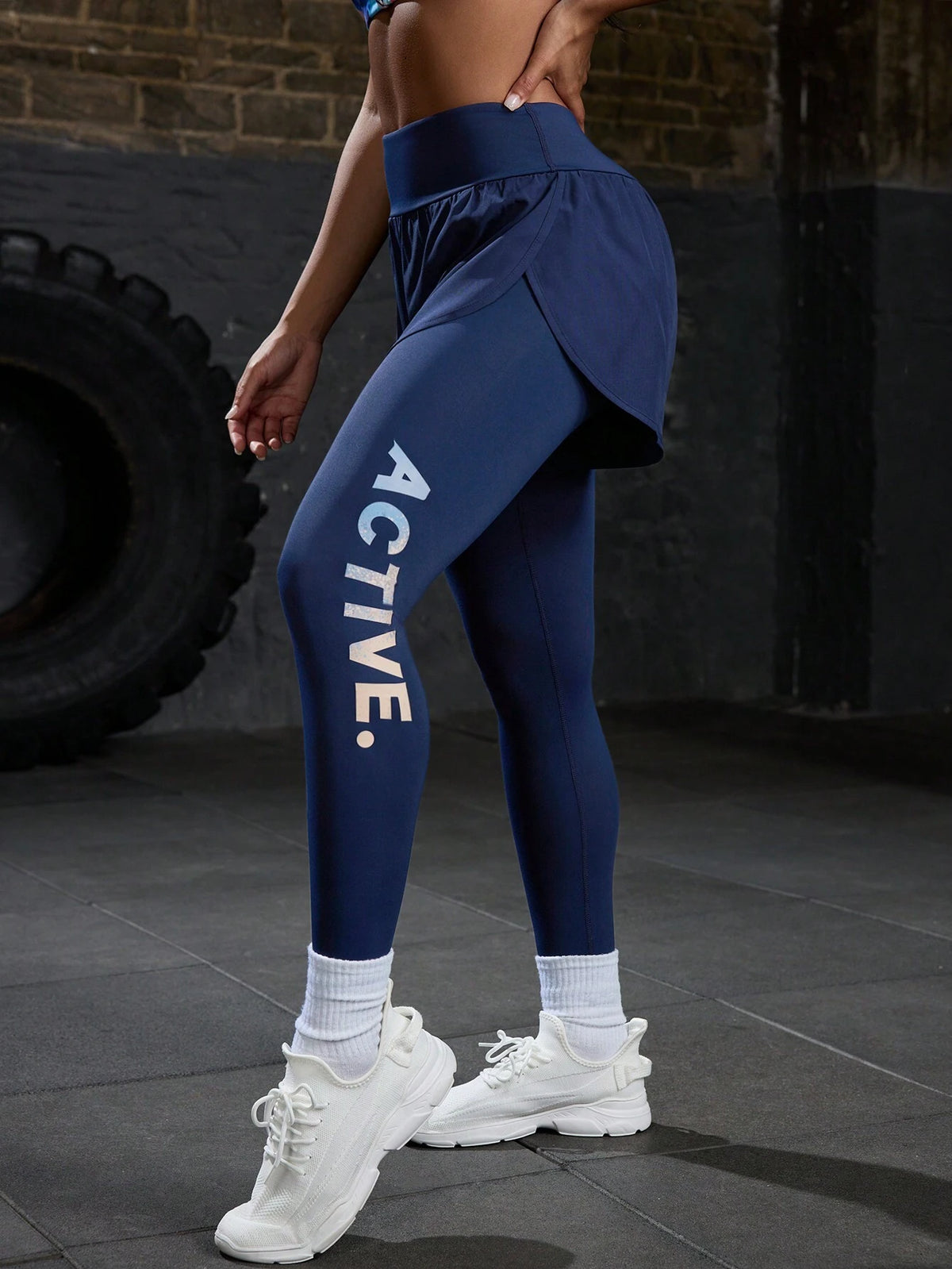 Letter Print High Waist Elastic Waist 2 In 1 Leggings