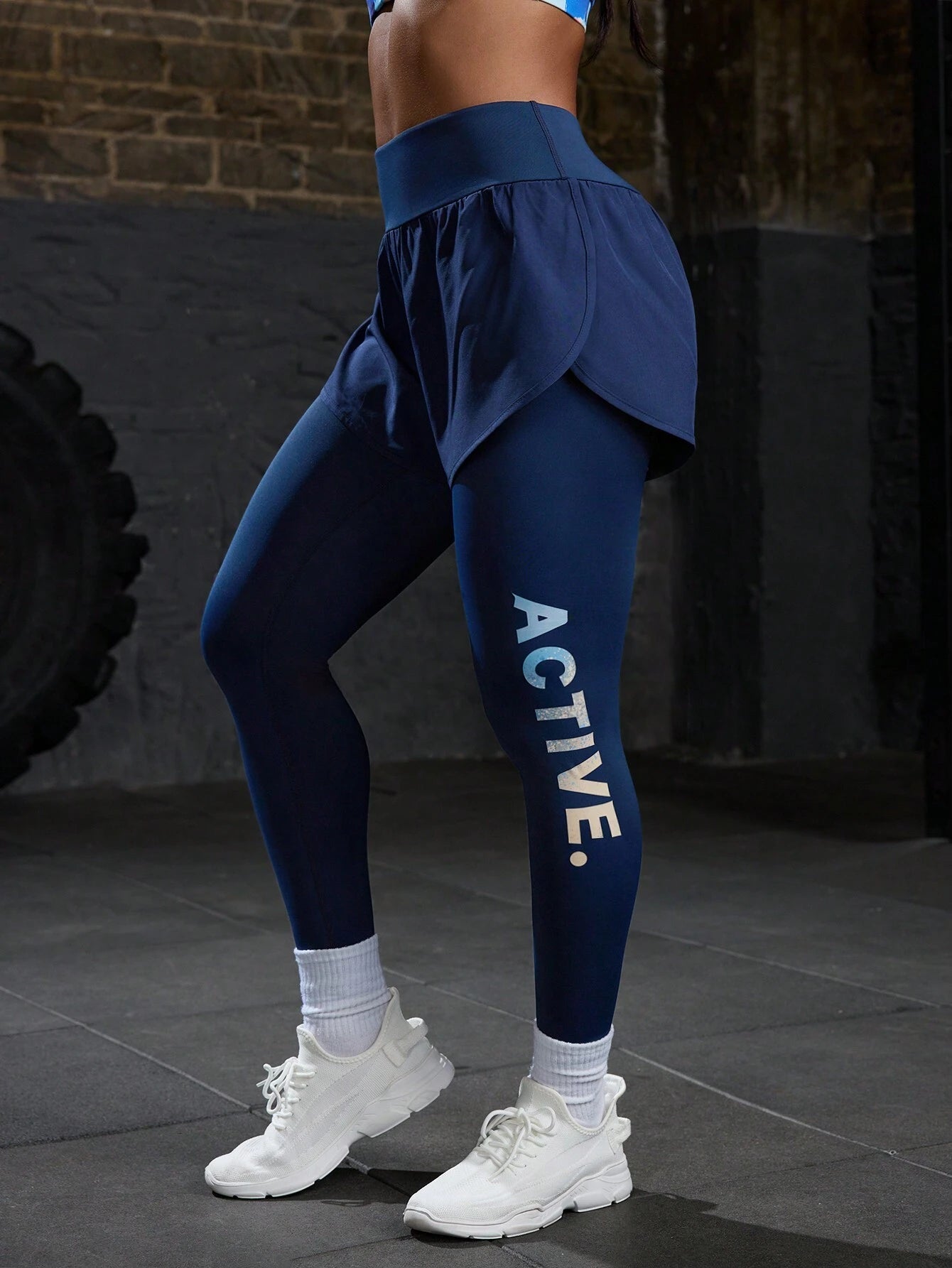 Letter Print High Waist Elastic Waist 2 In 1 Leggings