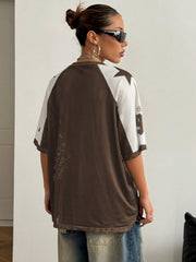 Patchwork Solid Color Mesh Splice Loose Sports T-Shirt