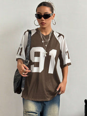 Patchwork Solid Color Mesh Splice Loose Sports T-Shirt