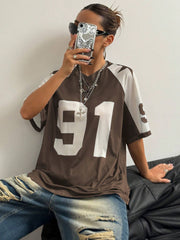 Patchwork Solid Color Mesh Splice Loose Sports T-Shirt