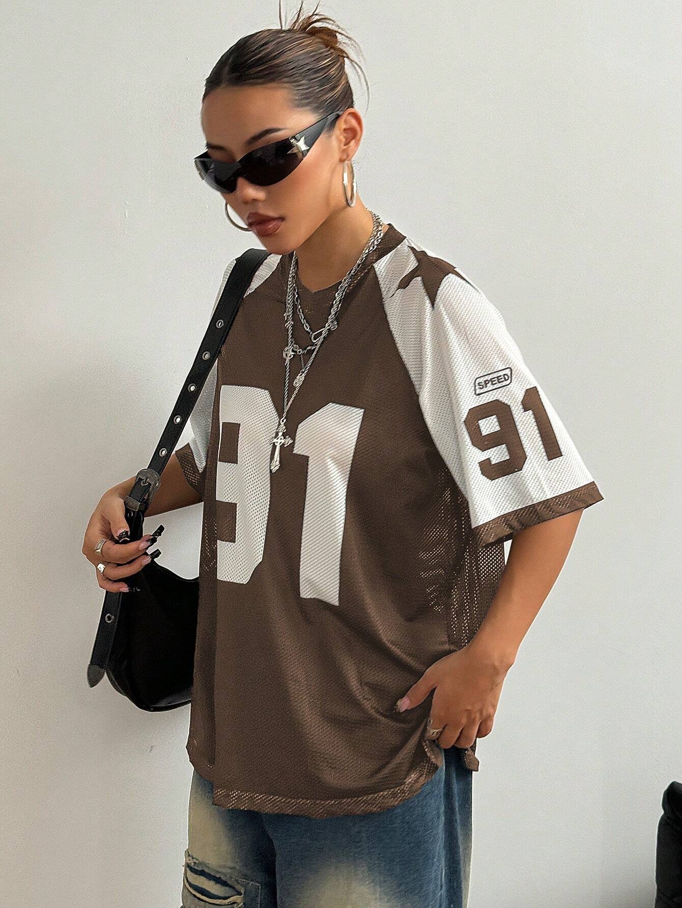 Patchwork Solid Color Mesh Splice Loose Sports T-Shirt