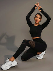 Solid Color Crew Neck Long Sleeve Cropped T-Shirt And Mesh Contrast Legging Sports Set