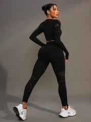 Solid Color Crew Neck Long Sleeve Cropped T-Shirt And Mesh Contrast Legging Sports Set