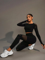Solid Color Crew Neck Long Sleeve Cropped T-Shirt And Mesh Contrast Legging Sports Set