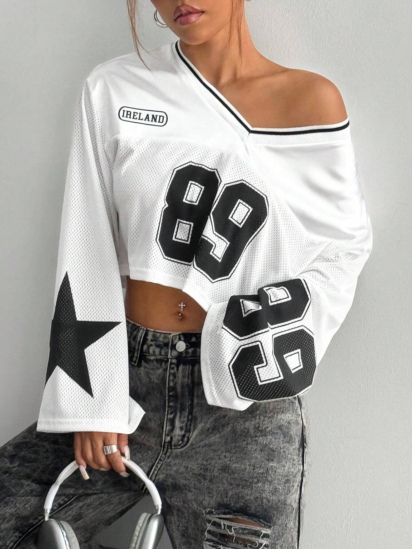 Number & Star Print Mesh Contrast Long Sleeve T-Shirt