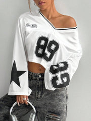 Number & Star Print Mesh Contrast Long Sleeve T-Shirt