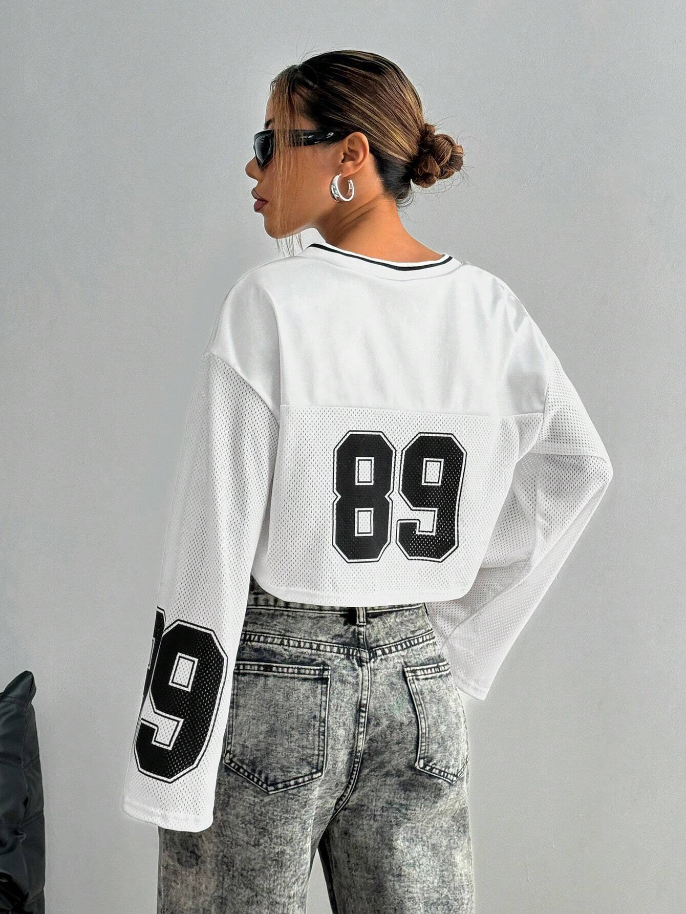Number & Star Print Mesh Contrast Long Sleeve T-Shirt