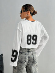 Number & Star Print Mesh Contrast Long Sleeve T-Shirt