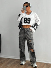 Number & Star Print Mesh Contrast Long Sleeve T-Shirt
