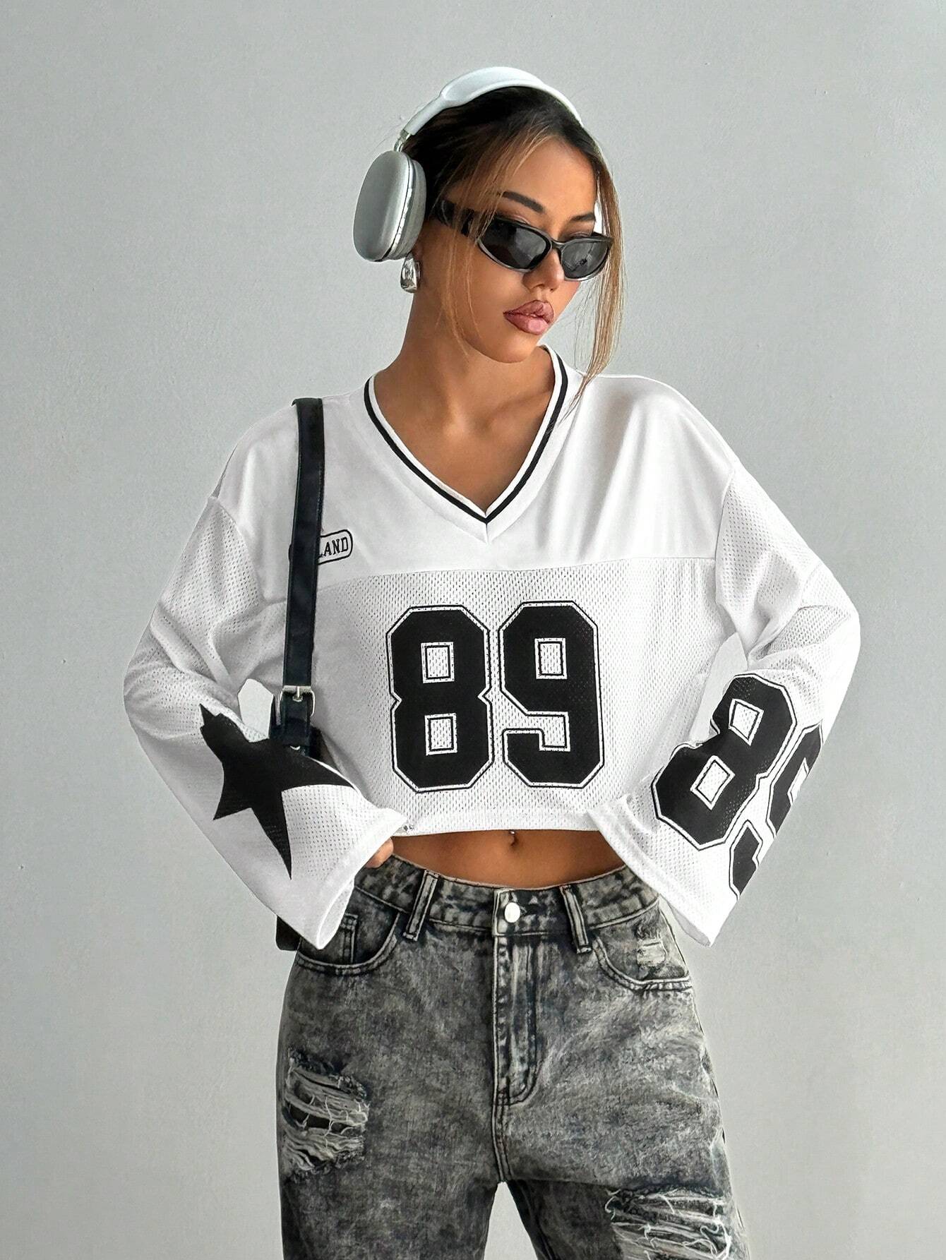 Number & Star Print Mesh Contrast Long Sleeve T-Shirt