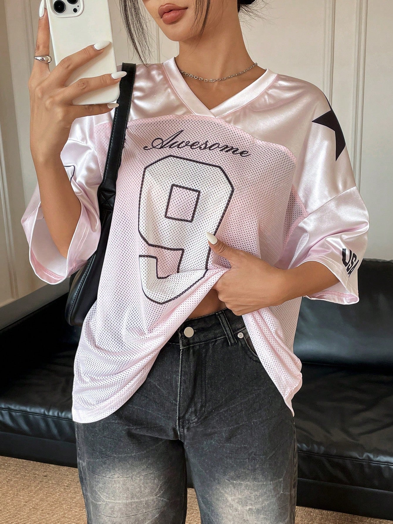 Street Racing Satin Letter Star Print Oversized Jersey