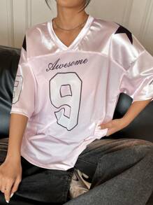 Street Racing Satin Letter Star Print Oversized Jersey