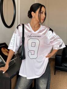 Street Racing Satin Letter Star Print Oversized Jersey