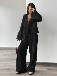 Linen Lace-Up Shirt And Linen Pant Set