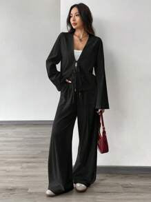 Linen Lace-Up Shirt And Linen Pant Set