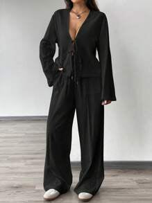 Linen Lace-Up Shirt And Linen Pant Set