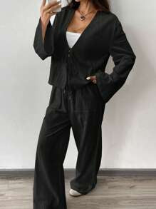 Linen Lace-Up Shirt And Linen Pant Set