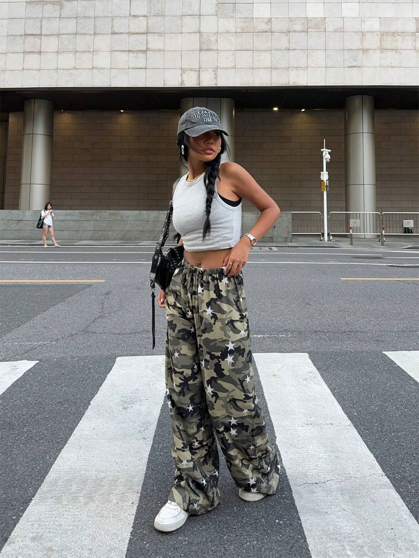 Star Camouflage Print Wide Leg Pants