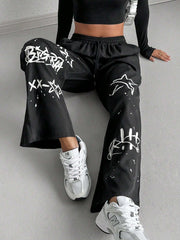 Letter Print Drawstring Waist Loose Long Pants