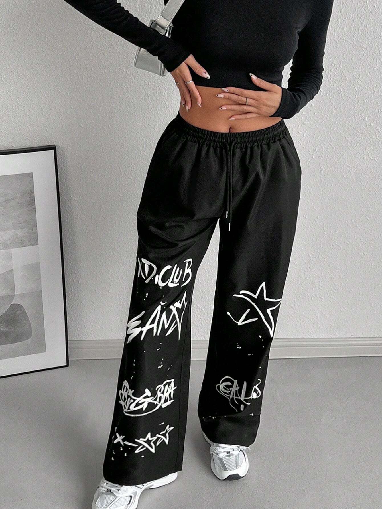 Letter Print Drawstring Waist Loose Long Pants