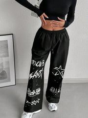 Letter Print Drawstring Waist Loose Long Pants