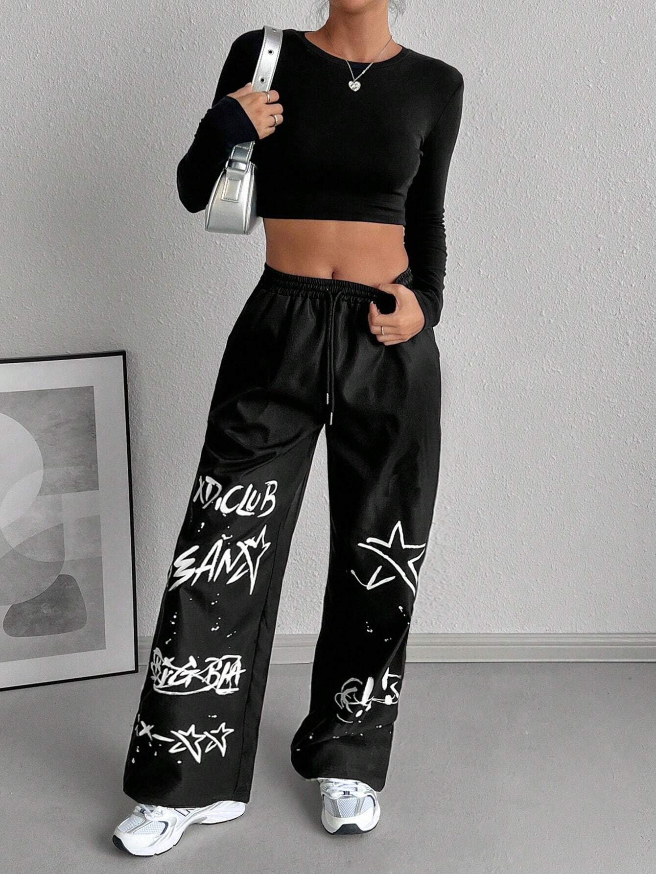 Letter Print Drawstring Waist Loose Long Pants