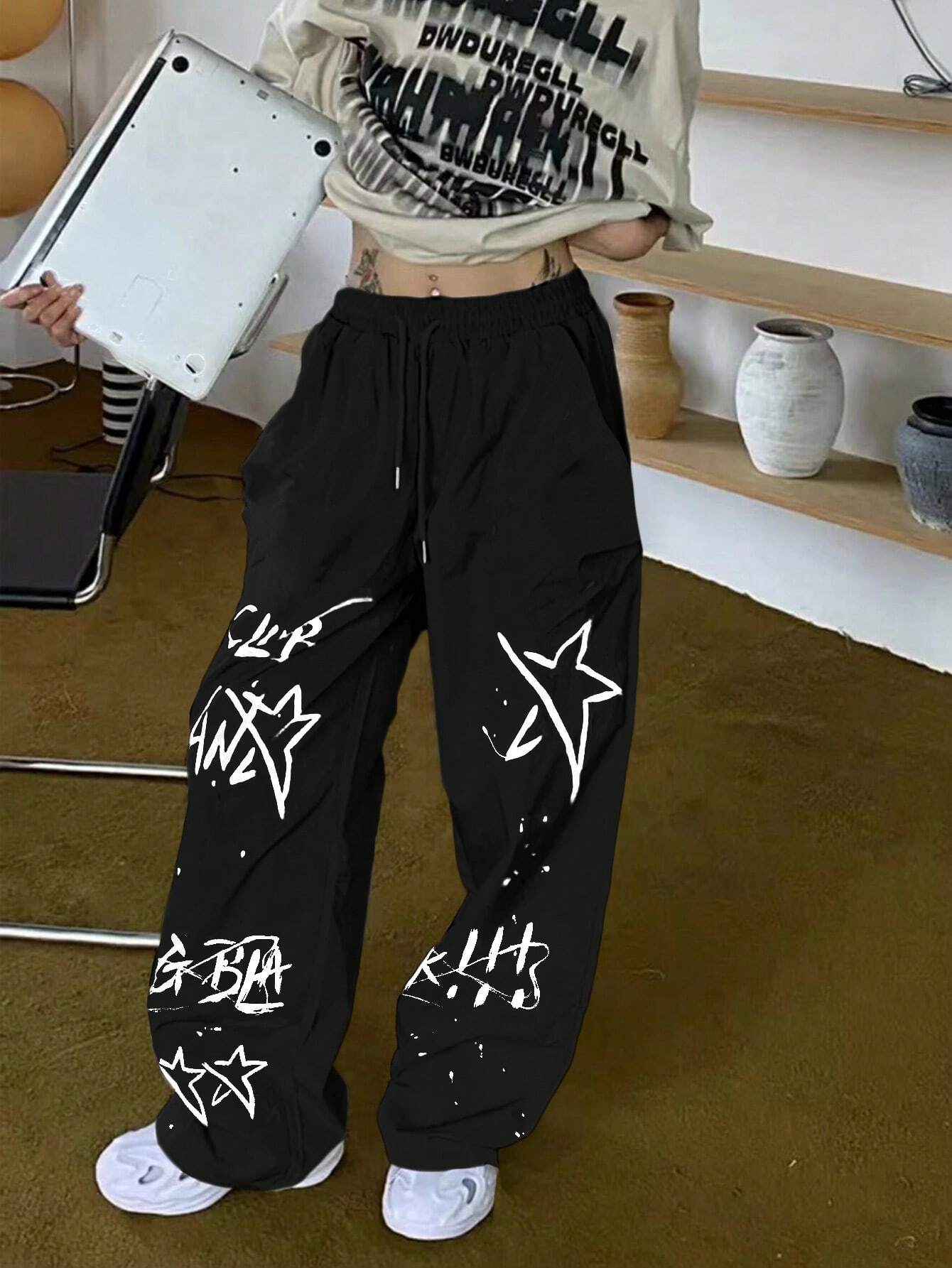Letter Print Drawstring Waist Loose Long Pants