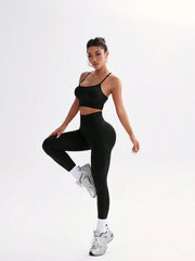 Solid Color Spaghetti Strap Criss-Cross Back Top And Leggings Set