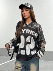 Leaf Print Patchwork Letter And Number V-Neck Long Sleeve T-Shirt