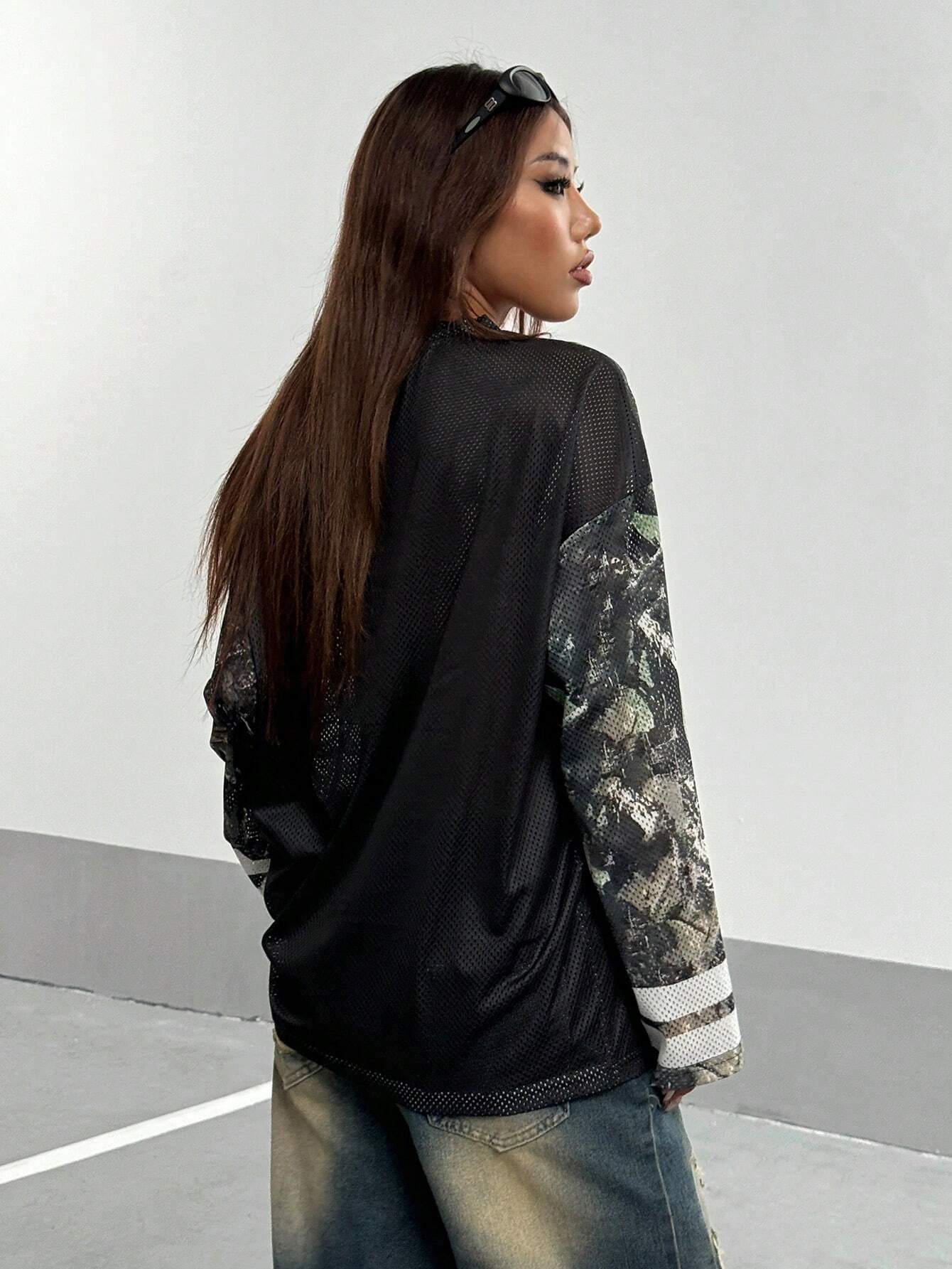 Leaf Print Patchwork Letter And Number V-Neck Long Sleeve T-Shirt