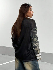 Leaf Print Patchwork Letter And Number V-Neck Long Sleeve T-Shirt