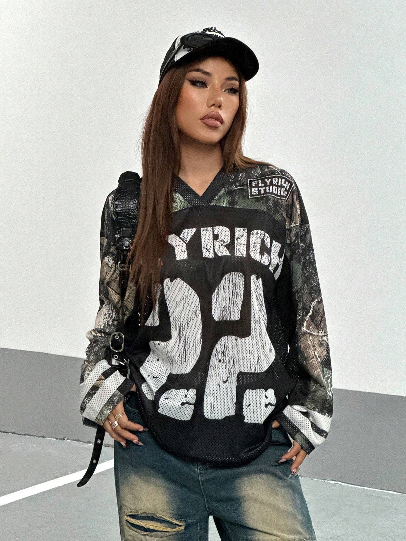 Leaf Print Patchwork Letter And Number V-Neck Long Sleeve T-Shirt