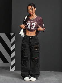 Ripped Wide Leg Loose Denim  Wash Jeans