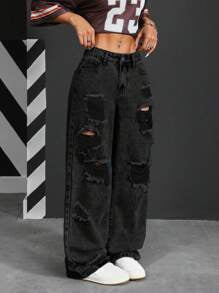 Ripped Wide Leg Loose Denim  Wash Jeans