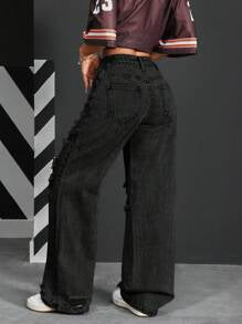Ripped Wide Leg Loose Denim  Wash Jeans