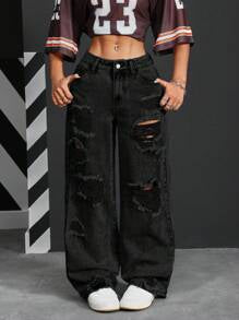 Ripped Wide Leg Loose Denim  Wash Jeans