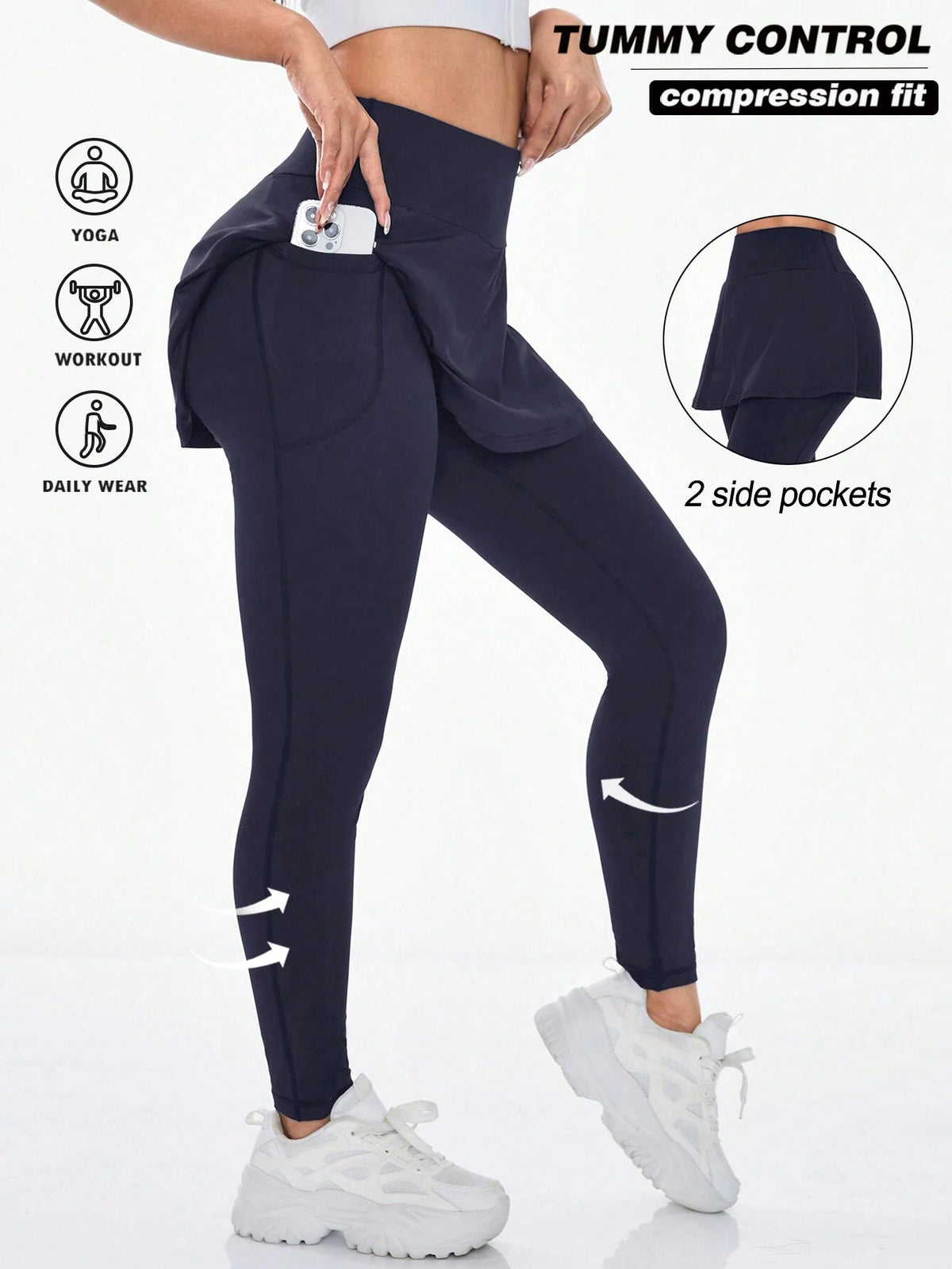 High Waist Elastic Solid Color Phone Pocket Sports Leggings
