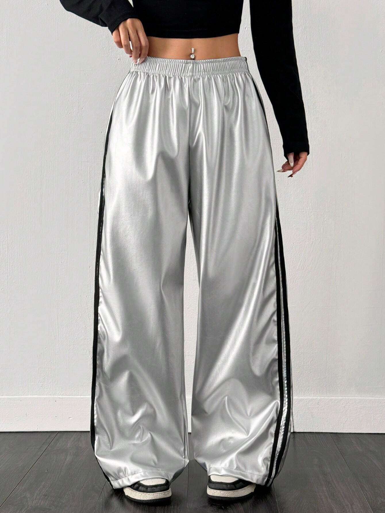Contrast Color Striped Tape Pu Sports Pants