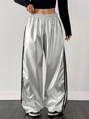 Contrast Color Striped Tape Pu Sports Pants