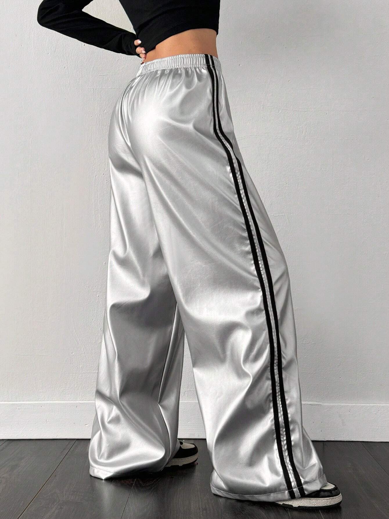 Contrast Color Striped Tape Pu Sports Pants