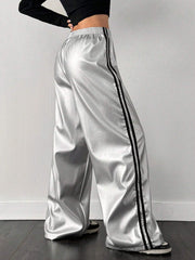 Contrast Color Striped Tape Pu Sports Pants
