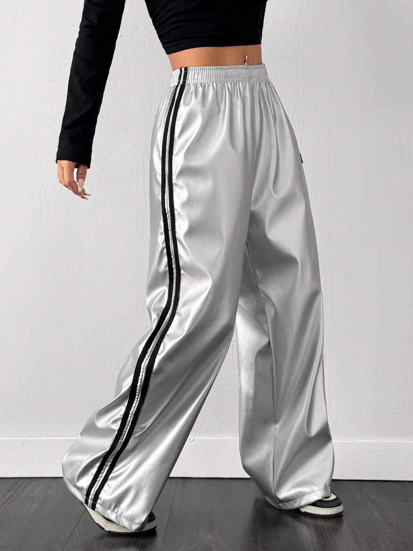 Contrast Color Striped Tape Pu Sports Pants