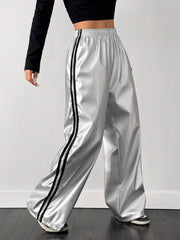 Contrast Color Striped Tape Pu Sports Pants